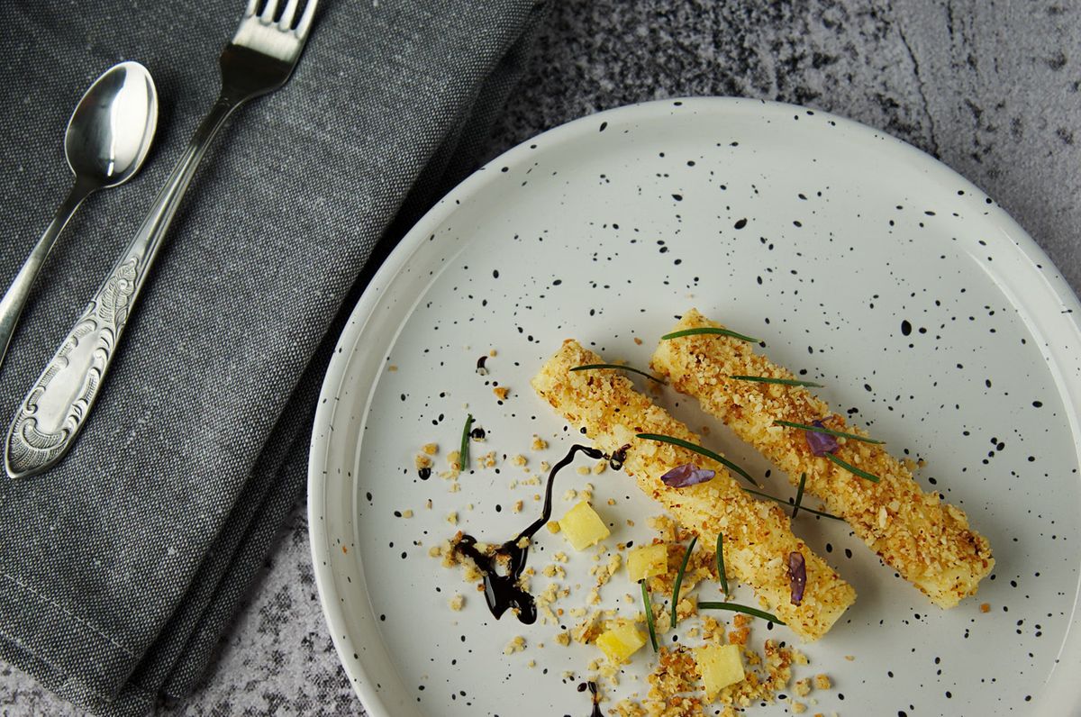 Crisp panko-crusted batons with a balsamic reduction